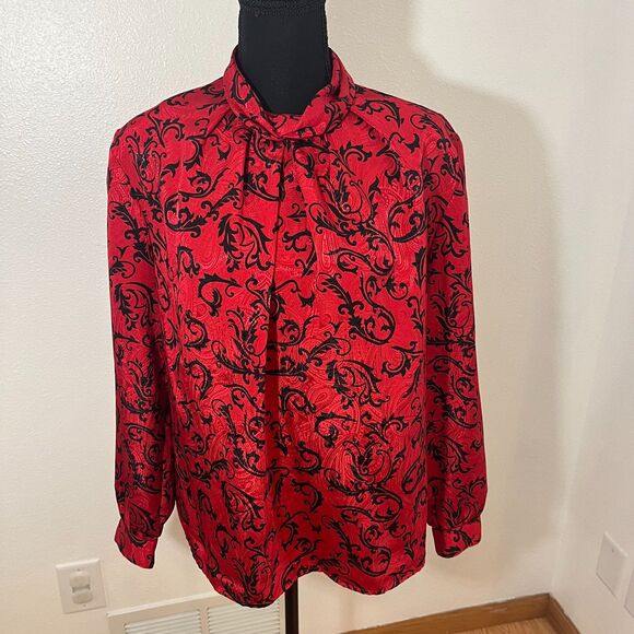 Vintage 80s Pyke Limited Red & Black Damask Flourish Print Blouse Sz.14 - Picture 3 of 9